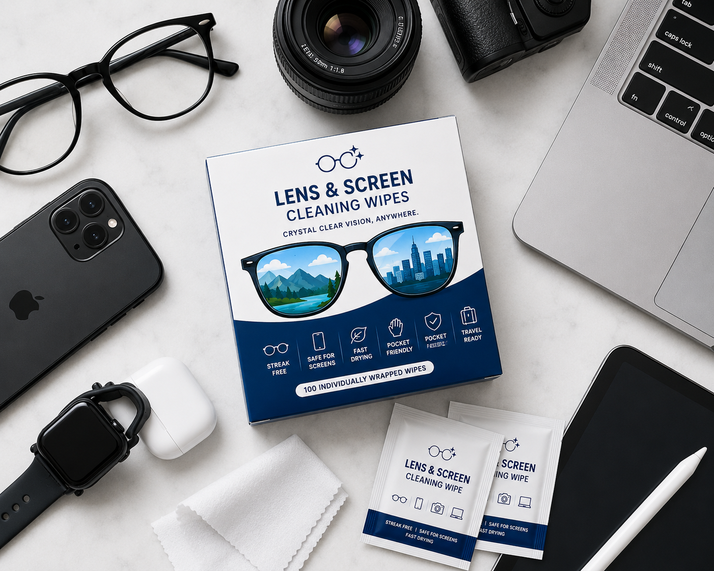 Packaging of lens and screen cleaning wipes with a smartphone, camera, and glasses on a white surface.