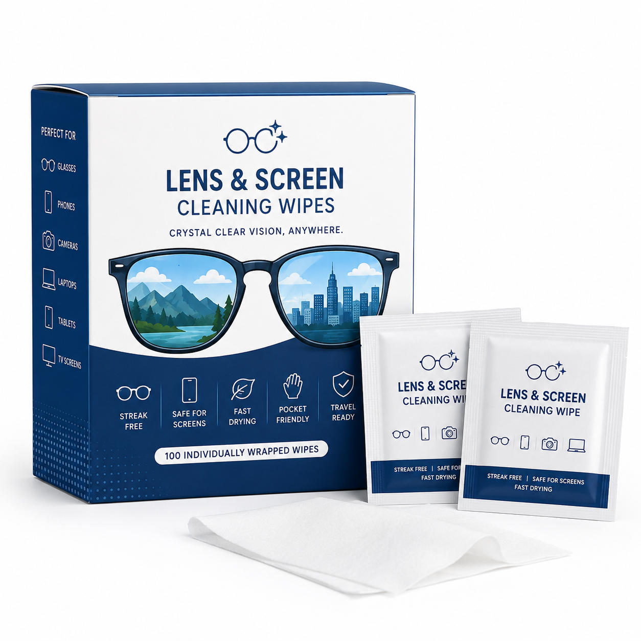 Box of lens and screen cleaning wipes with two individual wipes on a white background