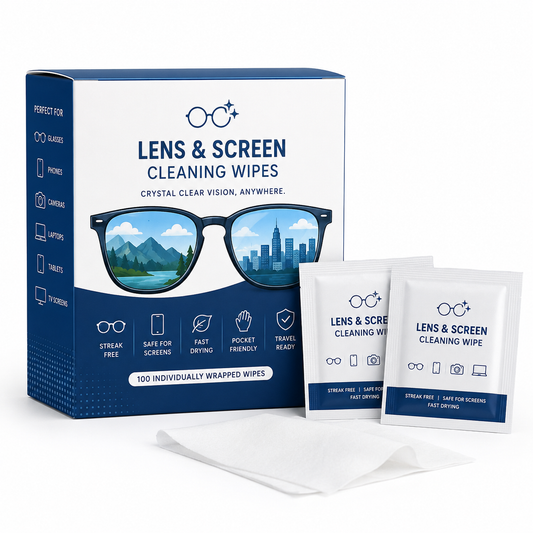 Box of lens and screen cleaning wipes with two individual wipes on a white background