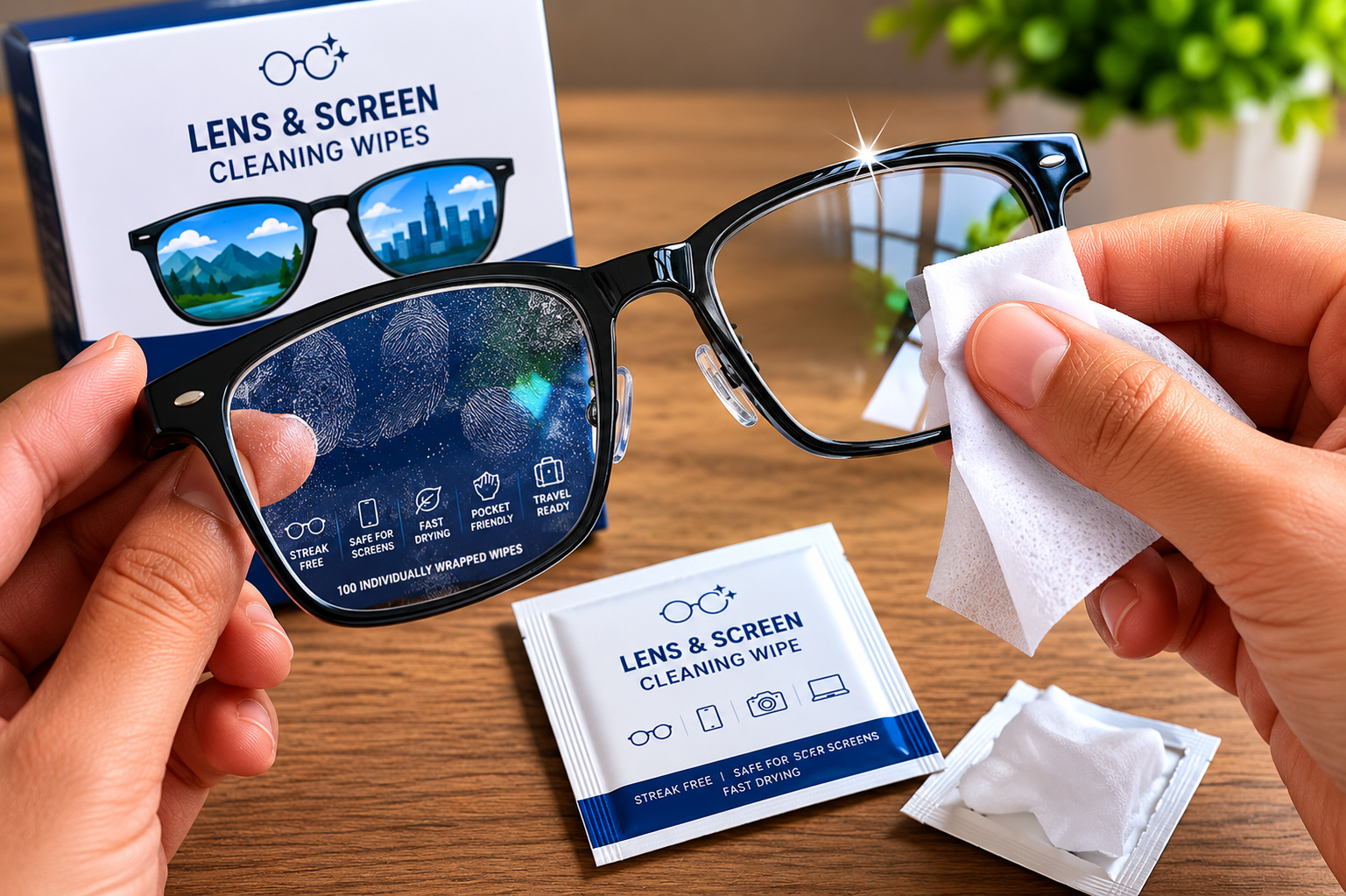 Person using lens and screen cleaning wipes with a pair of glasses on a wooden surface.