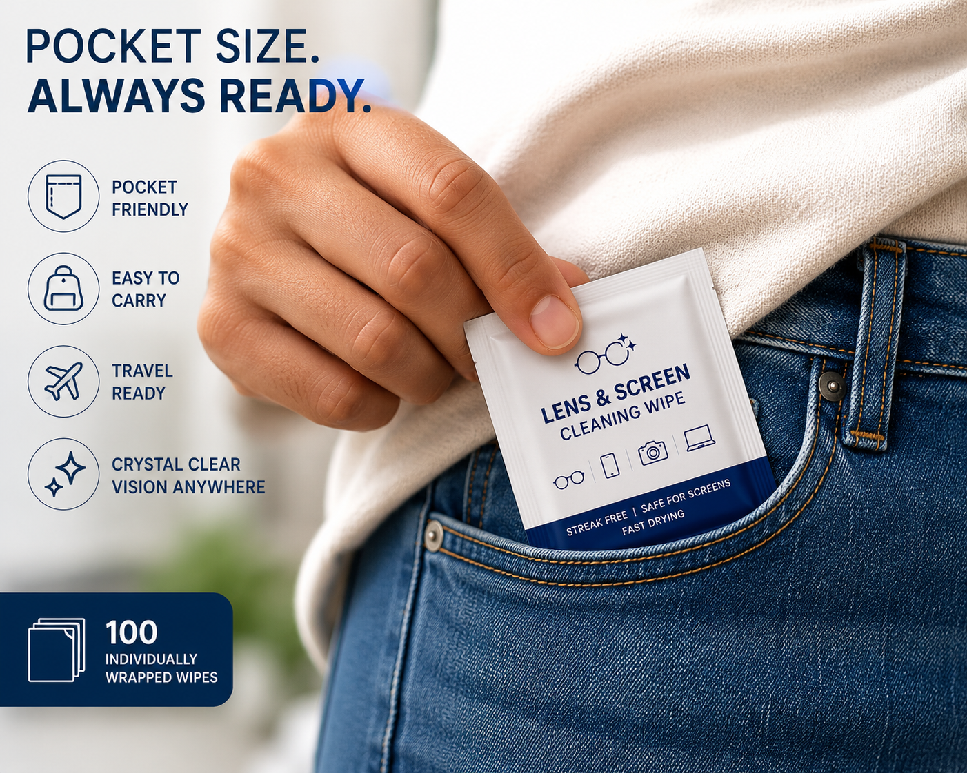 Person placing a lens and screen cleaning wipe packet into their pocket with promotional text and icons.