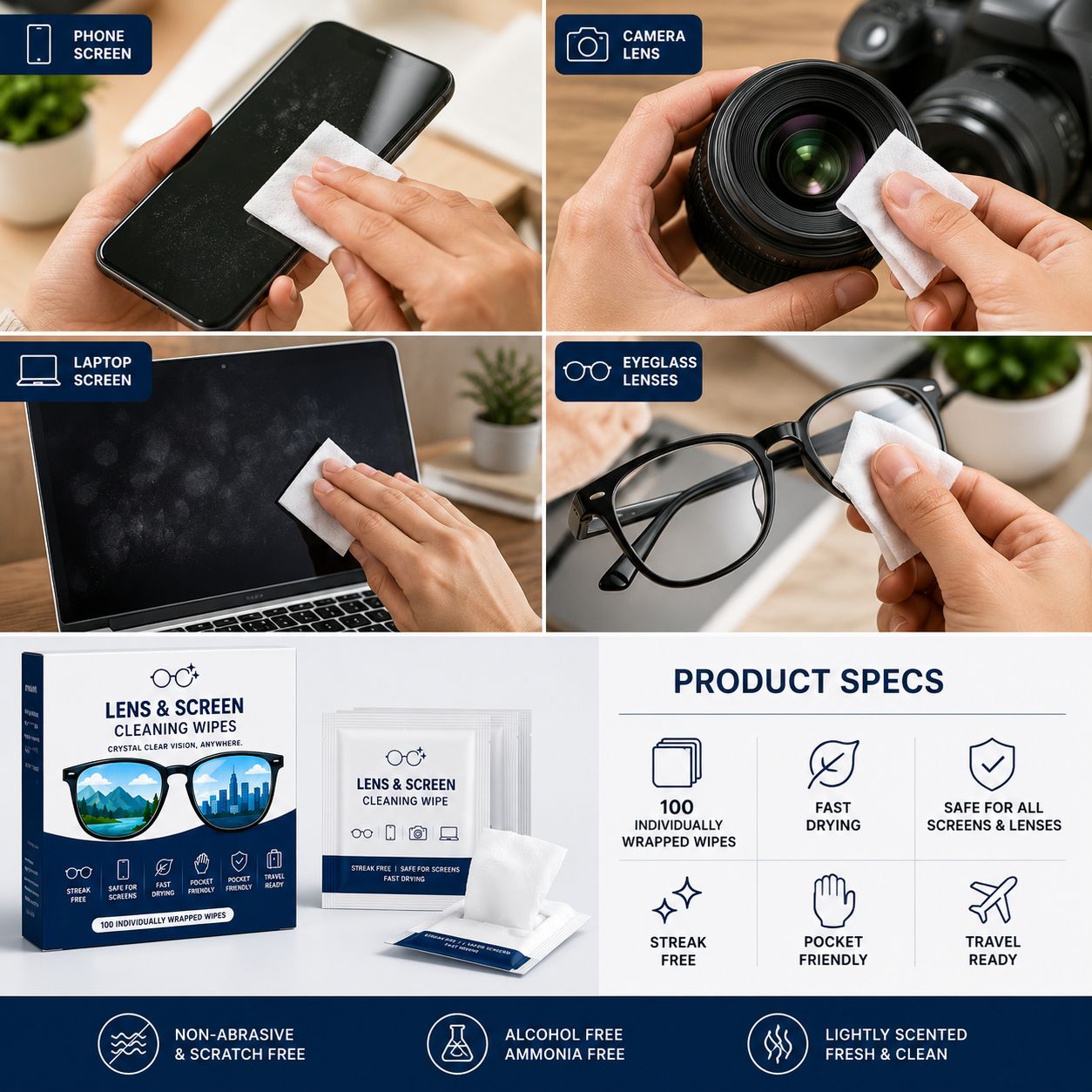 Collage of using cleaning wipes on various screens and lenses with product packaging and specs displayed.
